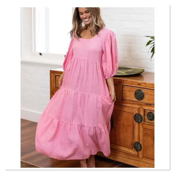 Adrift Luxe Linen Tiered “Sabre” Dress - Watermelon - Picture 6 of 6